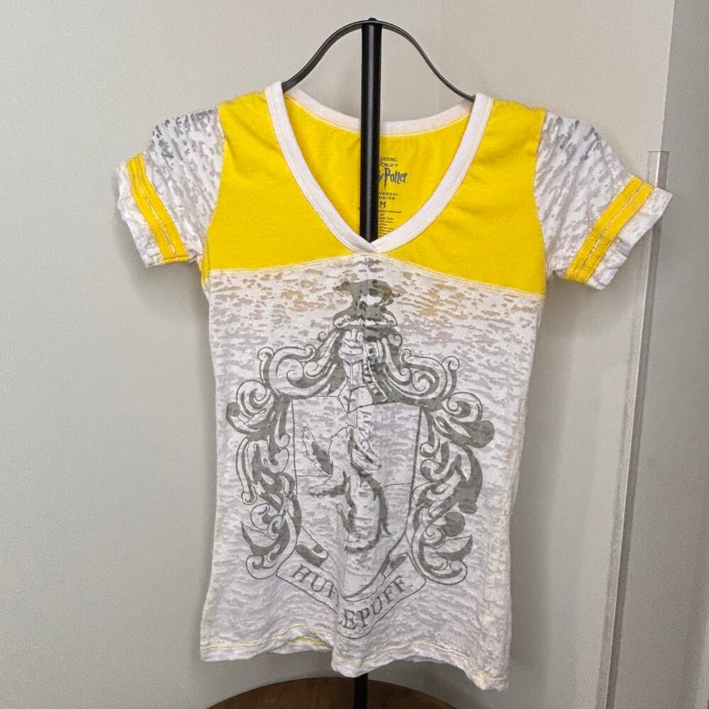 Harry Potter Hufflepuff Burnout  Tee Women's Med Yellow White Universal Studios
